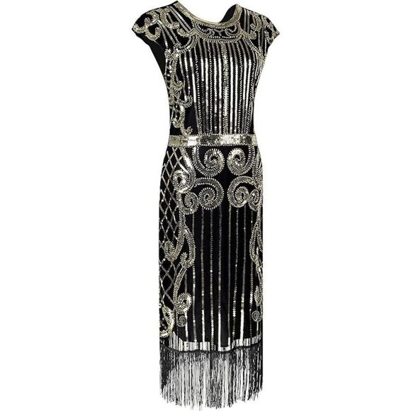 ✨ Flapper Great Gatsby Roaring 1920s Retro Tassel Fringe Sequin Dress SIZE L NEW - Picture 5 of 17